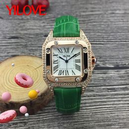 European Luxury Diamond Womens Watch Simple And Fashionable Three-Pin 32mm Square Clock Quartz Analogue Movement Leather Wristband Ladies Birthday Gift Wristwatch