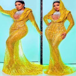 2022 Plus Size Arabic Aso Ebi Yellow Mermaid Luxurious Prom Dresses Beaded Crystals Evening Formal Party Second Reception Birthday Engagement Gowns Dress ZJ605