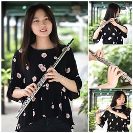 Concert Flute Nickel Plated 16 Holes C Key Cupronickel Woodwind Instrument with Cleaning Cloth Gloves Screwdriver Bag