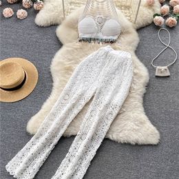 SINGREINY Women Summer Knitted Sets Halter Short Tops+ Wide Leg Long Pants Beach Sexy Backless Hollow Out Two Piece Suits 220509