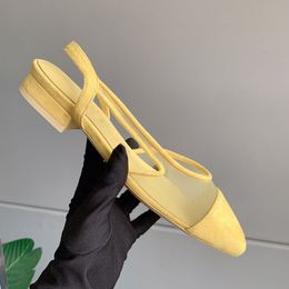 Woman Sandal For Slingback Shoe Mesh Sheepskin Slipper Silk Breathable Slide Designer Genuine Leather Flat Shoes Chunky Heel 6cm 2cm Classic Yellow Green Mule 2022