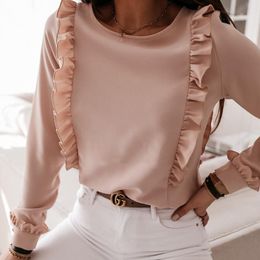 back breast Australia - Women's T-Shirt Women Fall Shirt Fashion Casual Ruffles Back Single Breasted T Solid Color Round Neck Long Sleeve Tops For