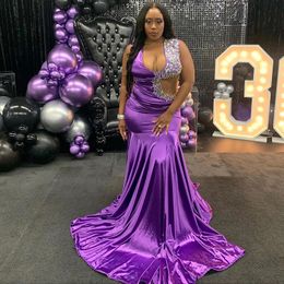 Purple Mermaid Long Evening Dresses Crystal Shoulder Prom Gown See Through Waist Design Black Girl Birthday Party Robes