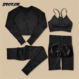 SVOKOR 3/4Pcs Women Yoga Set Seamless Fitness Sportswear Workout Sports Suit Long Sleeve Crop Top Gym Sets Bra Clothing 220330