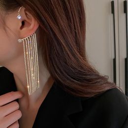 Clip-on & Screw Back Single Korean Rhinestone Earrings Long Shiny Tassel Exaggerated Ear Hanging Clip For Women Wedding JewelryClip-on