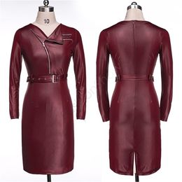 Leather Dress Women Fashion Long Sleeve Party Dress Synthetic Leather Zipper Dress With Belt B21 CB033024
