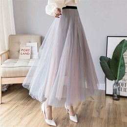 Skirt Summer for Women 3 Layers Princess Tulle s Womens Mesh Pleated A-line s Lady Long 220317