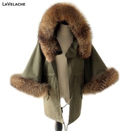 Women Winter Coat Jacket Raccoon Large Fur Collar Army Green Casual Overcoat Flare Sleeve Cloak Cottonpadded Outerwear