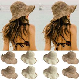 Women Summer Beach Trilby Fedora Straw Panama Wide Brim Cap Sun Hat Fashion Casual Foldable Travel Girls Sunscreen Sun Hat Caps G220301