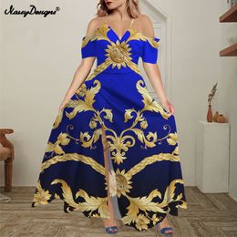 Noisydesigns Women Off Shoulder Maxi Boho Split Long Black Blue Dress Ruffles Party Vestido Golden Floral Mujer Summer Dropship 220627