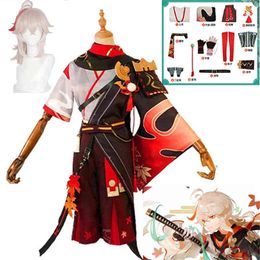 halloween costumes glasses Australia - Genshin Impact Kaedehara Kazuha Cosplay Costume Kimono Warrior Full Uniform Wig Halloween Costume Wig Red Glasses J220720