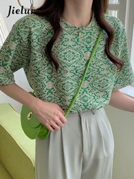 Jielur Creative Embossed Flower Loose T shirt Female ONeck Short Sleeve Green Blue TShirt Woman Korean Fashion Top Women MXL 220615