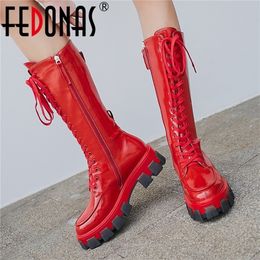 FEDONAS Punk Women Genuine Leather Knee High Boots Female Motorcycle Boots Night Club Shoes Woman Platform Boots Chunky Heels 201109