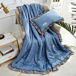 imitated silk throw Quilts washed ruffles patchwork quilt princess summer duvet quilts set elegant blue bed cover LJ201015