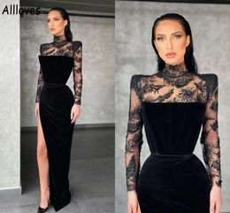 Black Velvet Prom Dresses With Illusion Long Sleeves High Collar Embroidery Lace Beaded Formal Evening Gowns Sexy Split Arabic Aso Ebi Vestidos De Festa CL0878