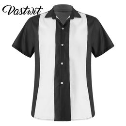 Mens Bowling Shirt Cuban Style Retro Short Sleeve Camp Button-Down Vintage Shirt Two Tone Striped Casual Dress Shirt 220719