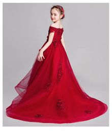 Girl's Dresses Red Girl Lace Embroidery Christmas Birthday Party Dress Long Trailing Flower Wedding Gown Formal Kids Baptism