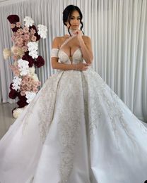 Vestido de noiva modesto vestido de bola lantejous de bling de gola alta apliques altos vestidos de noiva de pescoço vestidos de noiva Dubai personalizados