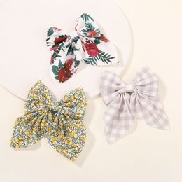 2022 New 5inch Plaid Floral Printing Chiffon Hair bow Hair Clips For Girls Hair Accessories Baby Fabric Bow Hairpin Kid