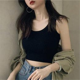 Women's Tanks & Camis Black Knitted Round Neck Women T-shirt Sexy Sleeveless Camisole Crop Top Woman Tight Stretch Tank Ladies Tee Streetwea