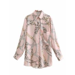 retro chain printing satin women simple shirt casual lady long sleeve blouse fashion loose tops feminina chemise S5065 210326
