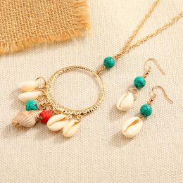 Summer Boho Shell Turquoises Necklace Earring Women's Round Alloy Long Chain Necklace Jewellery Set