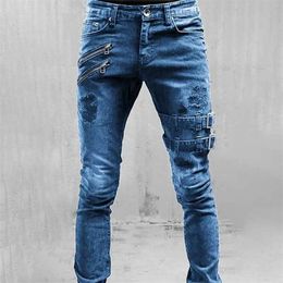 Men Jeans Slim Fit Double Belt Ripped Jeans Fashion Vintage Hip Hop Denim Pants Skinny Jeans Men Casual Street Style Trousers 220504