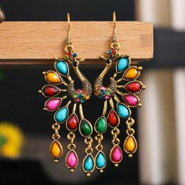 Dangle & Chandelier Vintage Bohemian Peacock Earrings For Women Boho Antique Gold Color Multicolor Rhinestone Ethnic Resin EarringsDangle