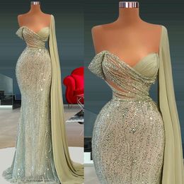Green Mermaid Prom Dresses Sexy V Neck One Shoulder Sleeveless Satin Appliques Sequins Plus Size Elegant Prom Gowns Floor Length Custom Made Evening Gown