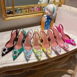 Amina Muaddi Женские сандалии на кожаной подошве, дизайнерские туфли на высоком каблуке, 10 см, черный, розовый, бриллиантовая цепочка, украшение, банкет, женская обувь, шелковая свадьба, сексуальные формальные тапочки с коробкой
