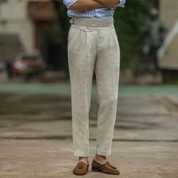 Men's Suits & Blazers Man Pants Cotton Linen Beige Blue Summer Breathable Trousers For Men Vintage Straight Adjustable Buckle Belt 2022