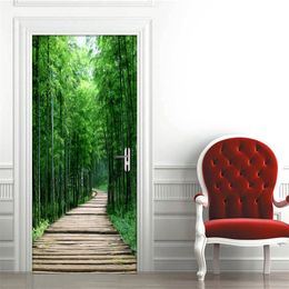 Creative 3D Door Sticker DIY Home Decor Self-Adhesive Wallpaper Bamboo Forest Small Road Bedroom Renovation Po Mural 220426