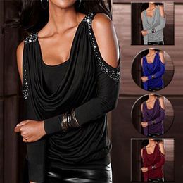 Sexy rhinestones Long Sleeve T Shirt Spring Party Elegant Y2K Top Trendy Women s Clothing O Neck Solid Fashion T shirts 220728