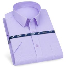 Mens Business Casual Short Sleeve Shirt Classic Plaid Striped Checked Male Social Dress Shirts Purple Blue 5XL Plus Large Size 220322