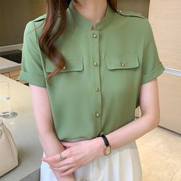 Women's Blouses & Shirts Summer Women's Solid Color Stand Collar Chiffon Ladies Casual Tops Short Sleeve Button Up ShirtWomen's