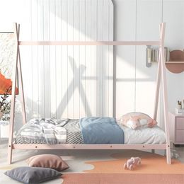 US Stock House Bed Tent Bed Frame Twin Size Metal Floor Play House Bed with Slat for Kids Girls Boys No Box Spring Needed White Black Pink WF286773AAK