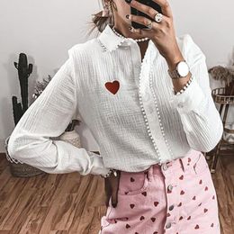 Women's Blouses & Shirts Fashion Simple Embroidery Women Elegant Patchwork Front Buttons Solid Turn Down Collar Tops Ladies