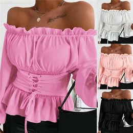 5 Colours Women's Blouses Shirts Fall Long Sleeve Off Shoulder Ruffle Ladies Shirt