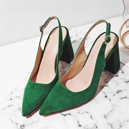 Meotina High Heels Women Pumps Kid Suede Square High Heel Slingbacks Shoes Real Leather Buckle Pointed Toe Shoes Lady Size 3442 210306