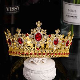 New design Big Round Tiaras And Crowns Gold Red Crystal Diadem For Queen Princess King Bridal Wedding Hair Accessories Headpiece AA220323