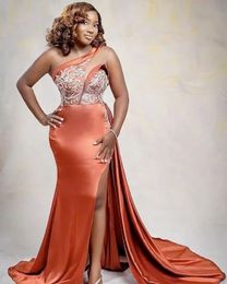 2022 Plus Size Arabic Aso Ebi Orange One Shoulder Prom Dresses Lace Beaded High Split Evening Formal Party Second Reception Gowns Dress