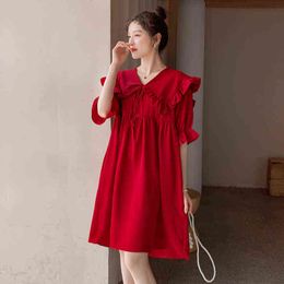 Red Summer Maternity Mini Dress Sweet Ruffles Peter Pan Collar Pregnancy Chiffon Dress Short Sleeves Empired Pregnant Woman Dress J220628