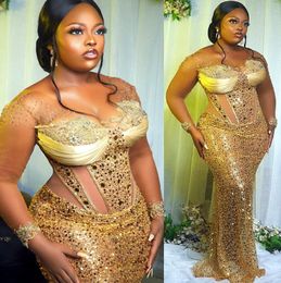 Plus Size Arabic Aso Ebi Mermaid Sparkly Gold Prom Dresses Lace Beaded Evening Formal Party Second Reception Birthday Engagement Gowns Dress