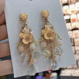 Dangle & Chandelier New Luxury Flower Teardrop Crystal Earrings Charms Jewellery Beads Peach Blossom Floral Wedding Earrings Gift