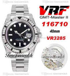 VRF GMT II VR3285 Automatic Mens Watch Rainbow Diamonds Bezel Black White Dial 904L OysterSteel Bracelet Same Serial Card Super Edition Timezonewatch B2