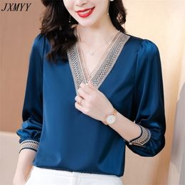 JXMYY Vneck blouse womens early spring style foreign style lace hollow quality wild thin longsleeved chiffon shirt 210401