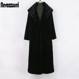 Nerazzurri long black winter faux fur coat women sleeve turndown collar fluffy fake sheared mink overcoat 5xl 201029