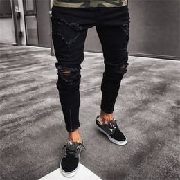 Oeak Mens Fashion Skinny Destroyed Denim Patch Pencil Pants Strappato Hole Slim Fit Zipper Jeans elastici neri 201111