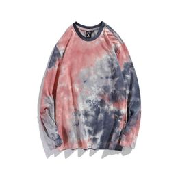 2022 New Cotton Spring and Summer Loose Tie Dyed Round Neck Long Sleeve T-shirt Ins Trendy Large Net Red Gradient Thin