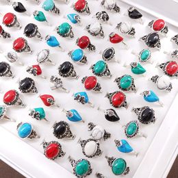 Retro Style Geometric Turquoise Stone Ring Plated with Ancient Silver Inlaid Black Diamond Charm Mix Metal Big Size Men and Women Jewellery Party Gift Wholesale